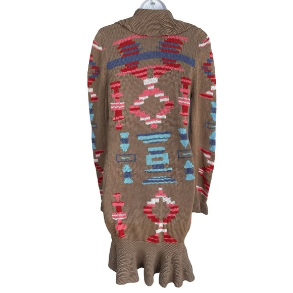 BOSTON PROPER Aztec Ruffle Cardigan S Open Front Longline Southwestern Sweater - Picture 2 of 3